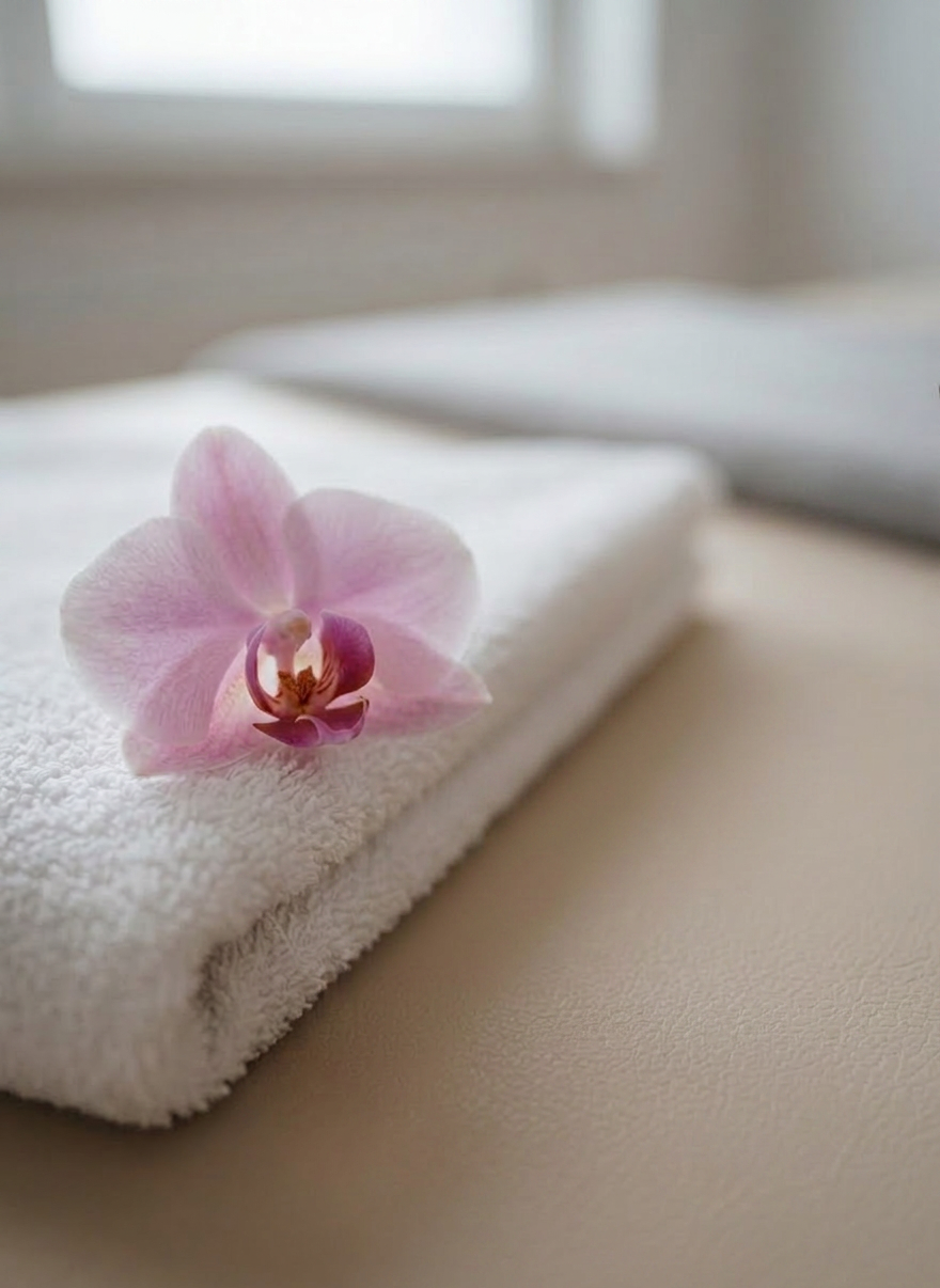 Glass bowl of golden oil with dropper, pink orchid on white towel
