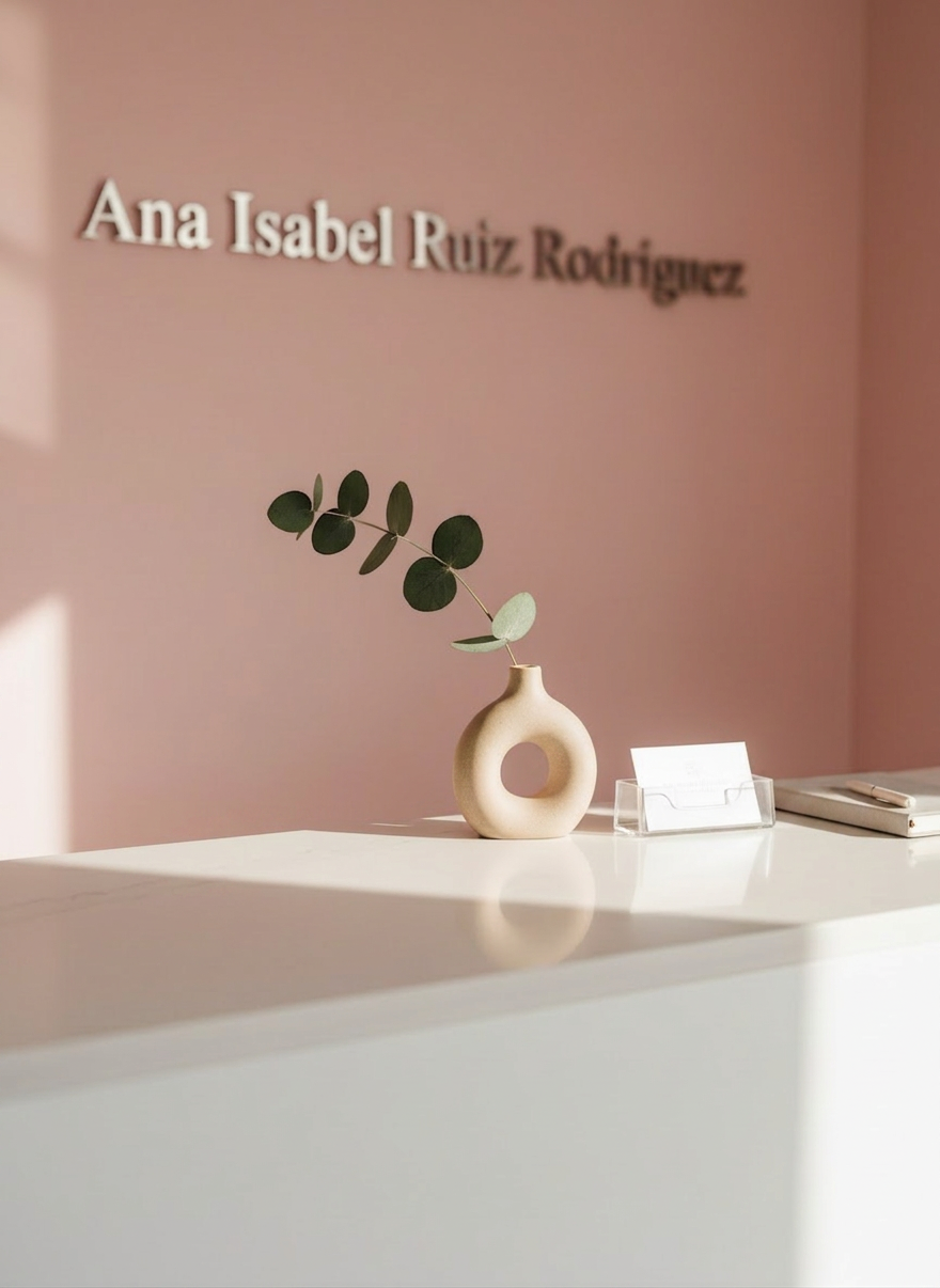 A close-up of a calm, minimalist reception counter in a kinésithérapie and aesthetic clinic, featuring a smooth white countertop with a small, sand-colored ceramic vase holding a single eucalyptus stem, a discreet appointment card holder, and a closed, light-grey notebook. Behind the counter, a softly blurred wall shows the clinic name "Ana Isabel Ruiz Rodriguez" in refined, metallic lettering. Natural daylight from an unseen front window gently illuminates the scene, creating subtle reflections on the counter and a welcoming glow. Photographic realism, shot at eye level with a shallow depth of field, conveys a professional, reassuring first impression for patients arriving in Plaisance-du-Touch.